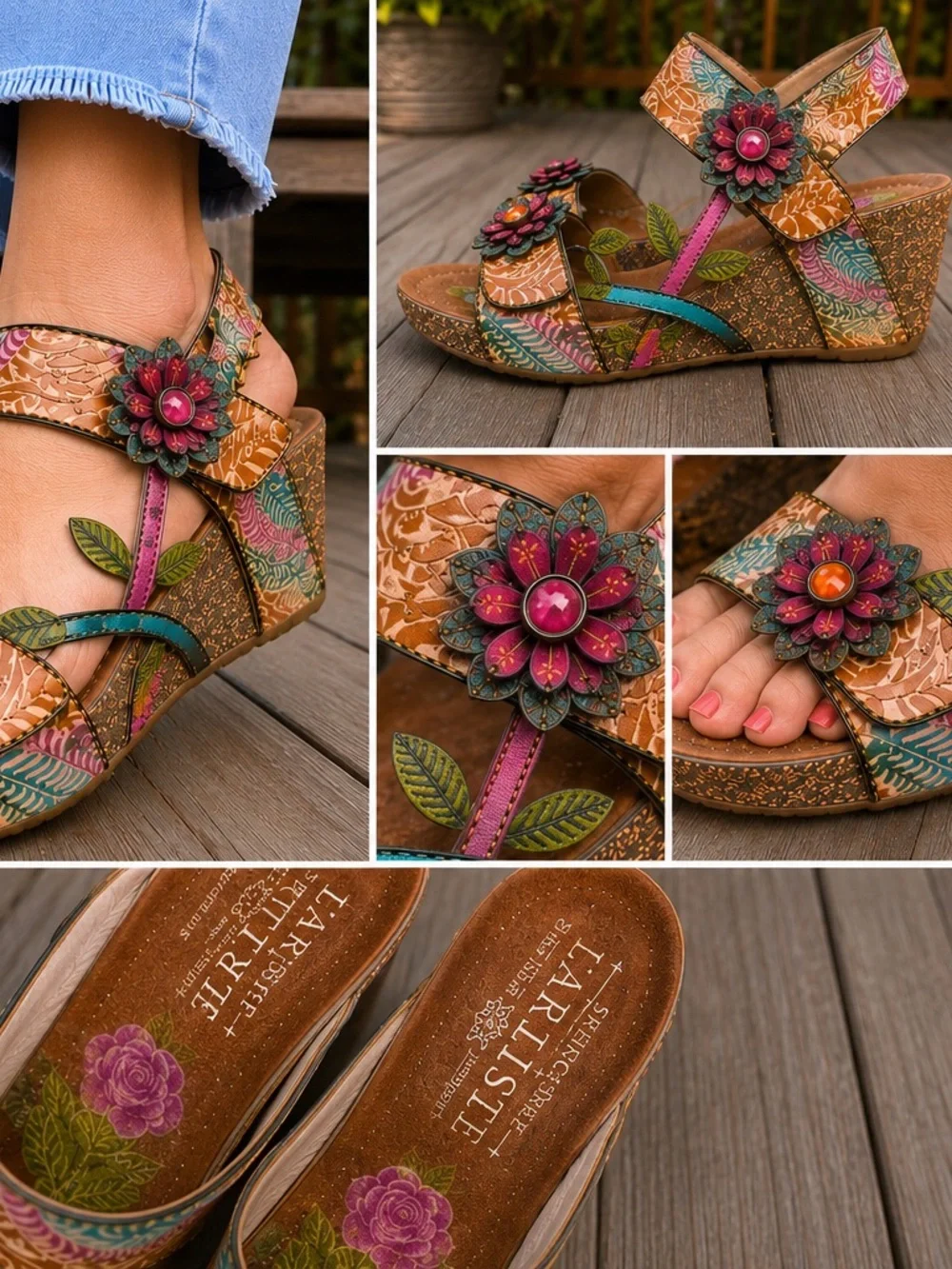 Multicolor Floral Leather Wedge Sandals for Women’s Size 40 or 9 Boho Colorful